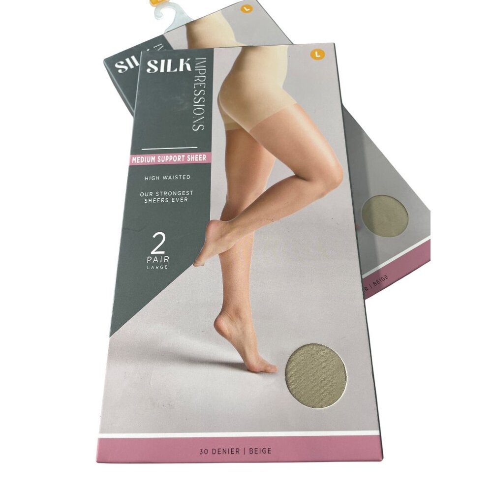 Silk Impressions Pantyhose Size Large Medium Support Sheer 30 Denier 2 Pairs NEW